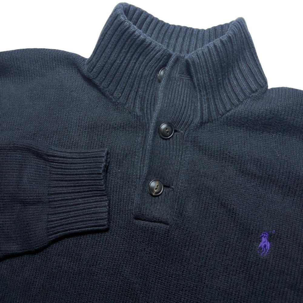Polo Ralph Lauren Large Knit Sweater Black 1/4 Button Mock Neck Purple Pony